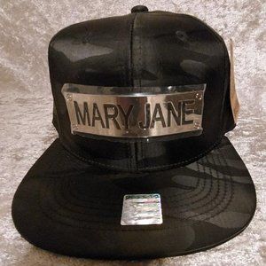 Flat Bill Metal Plate MARY JANE On Polyester Black Satin Camo Hat